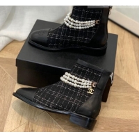 Best Price Chanel Tweed Ankle Boots with Pearl Tassel Black 121763