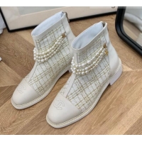 Low Cost Chanel Tweed Ankle Boots with Pearl Tassel 121763 White