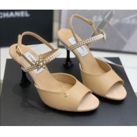 Duplicate Chanel Lambskin Heel Sandals with Pearl and Star Charm 8cm 122007 Apricot