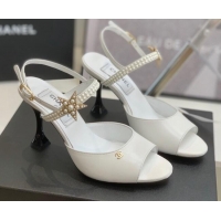 Stylish Chanel Lambskin Heel Sandals with Pearl and Star Charm 8cm 122007 White