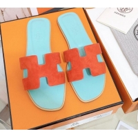 Grade Quality Hermes Oran Suede Flat Slide Sandals 121613 Orange/Blue