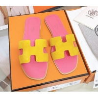 Best Grade Hermes Oran Suede Flat Slide Sandals 121613 Yellow/Pink