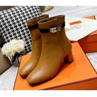 Super Quality Hermes Kelly Leather Ankle Boots 6.5cm 121616 Brown/Black/Silver