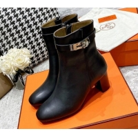 Perfect Hermes Kelly Leather Ankle Boots 6.5cm 121616 Black/Silver