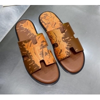 Unique Grade Hermes Men's Izmir Print Leather Flat Slide Sandals 121623 Brown