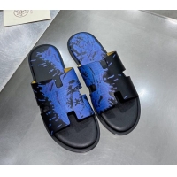 Good Looking Hermes Men's Izmir Print Leather Flat Slide Sandals 121623 Black/Blue