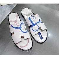 Top Quality Hermes Men's Izmir Print Leather Flat Slide Sandals 121623 White/Blue