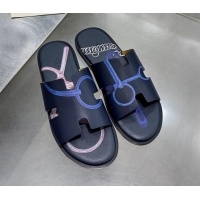 Best Product Hermes Men's Izmir Print Leather Flat Slide Sandals 121623 Dark Blue