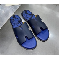 Top Design Hermes Men's Izmir Print Leather Flat Slide Sandals 121631 Dark Blue/Sky Blue