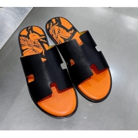  Lower Price Hermes Men's Izmir Print Leather Flat Slide Sandals 121631 Black/Orange