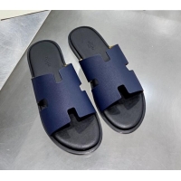 Unique Style Hermes Men's Izmir Palm-Grained Leather Flat Slide Sandals 121634 Dark Blue/Black