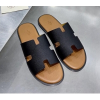 Custom Hermes Men's Izmir Palm-Grained Leather Flat Slide Sandals 121635 Black/Brown