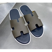 Super Quality Hermes Men's Izmir Palm-Grained Leather Flat Slide Sandals 121638 Grey/Dark Blue