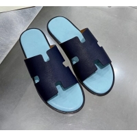 Top Quality Hermes Men's Izmir Toothpick-Grained Leather Flat Slide Sandals 121639 Dark Blue/Light Blue