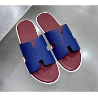 New Style Hermes Men's Izmir Palm-Grained Leather Flat Slide Sandals 121640 Royal Blue/Burgundy