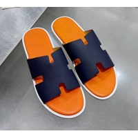 Good Quality Hermes Men's Izmir Palm-Grained Leather Flat Slide Sandals 121641 Dark Blue/Orange