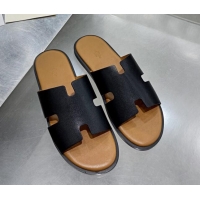 Low Cost Hermes Men's Izmir Smooth Leather Flat Slide Sandals 121645 Black/Brown