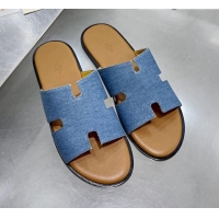 Grade Design Hermes Men's Izmir Denim Flat Slide Sandals Blue/Brown Leather 121646