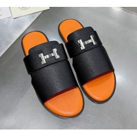 Top Grade Hermes Men's Arles Grained Leather Flat Slide Sandals Black/Orange 121651