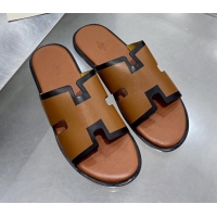 Good Quality Hermes Men's Izmir Smooth Leather Flat Slide Sandals Brown/Black 121652