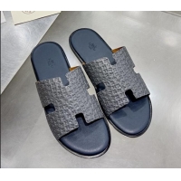 Top Design Hermes Men's Izmir H-Embossed Leather Flat Slide Sandals Grey 121653