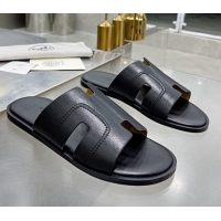 Top Quality Hermes Men's Izmir Stitching Leather Flat Slide Sandals All Black 121654