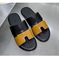 Grade Quality Hermes Men's Izmir Patchwork Leather Flat Slide Sandals Black/Brown 121656