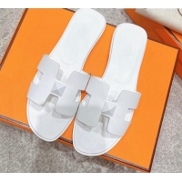 Shop Duplicate Hermes Oran One Stud H Flat Slide Sandals in Epson Leather All White 122010