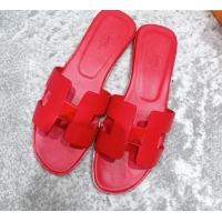 Best Grade Hermes Oran One Stud H Flat Slide Sandals in Epson Leather Red 122012