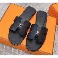 Perfect Hermes Oran One Stud H Flat Slide Sandals in Epson Leather 122013 Black/Silver