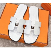 Super Quality Hermes Oran One Stud H Flat Slide Sandals in Epson Leather White/Silver 122014