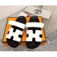 Top Quality Hermes Chypre Calfskin Flat Slide Sandals 011309 White/Black