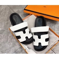 Top Quality Hermes Chypre Calfskin Flat Slide Sandals 011309 White/Black