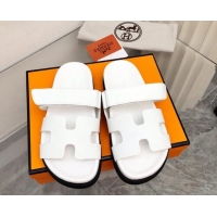 Good Quality Hermes Chypre Calfskin Flat Slide Sandals 011309 White