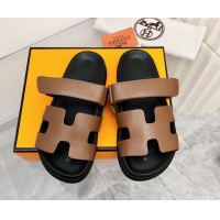 Low Cost Hermes Chypre Calfskin Flat Slide Sandals 011309 Brown/Black