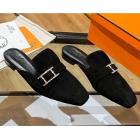 Best Quality Hermes Suede Buckle Flat Slide Sandals 011314 Black