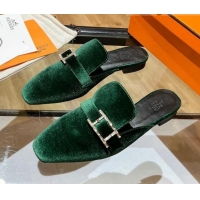 Perfect Hermes Suede Buckle Flat Slide Sandals 011314 Green