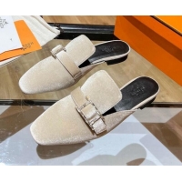 Top Grade Hermes Suede Buckle Flat Slide Sandals 011314 Beige