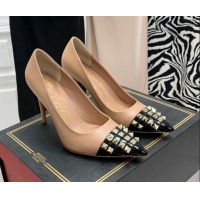 Fashion Valentino Rockstud Alcove Calfskin and Patent Leather Pumps 9cm 112414 Rose Beige/Black