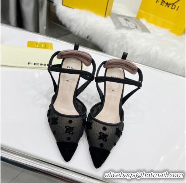 Unique Grade Fendi Colibrì Lite High Heel Slingback Pumps 8.5cm in FF Karligraphy Mesh 215110 Black