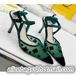 Good Quality Fendi Colibrì Lite High Heel Slingback Pumps 8.5cm in FF Karligraphy Mesh 215110 Green