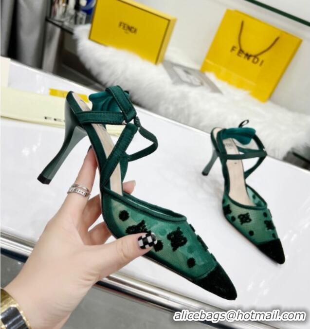 Good Quality Fendi Colibrì Lite High Heel Slingback Pumps 8.5cm in FF Karligraphy Mesh 215110 Green