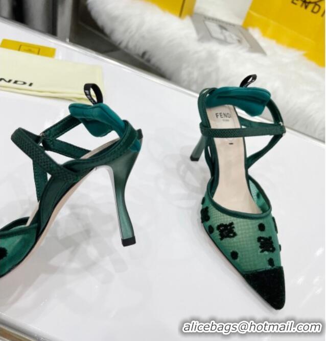 Good Quality Fendi Colibrì Lite High Heel Slingback Pumps 8.5cm in FF Karligraphy Mesh 215110 Green