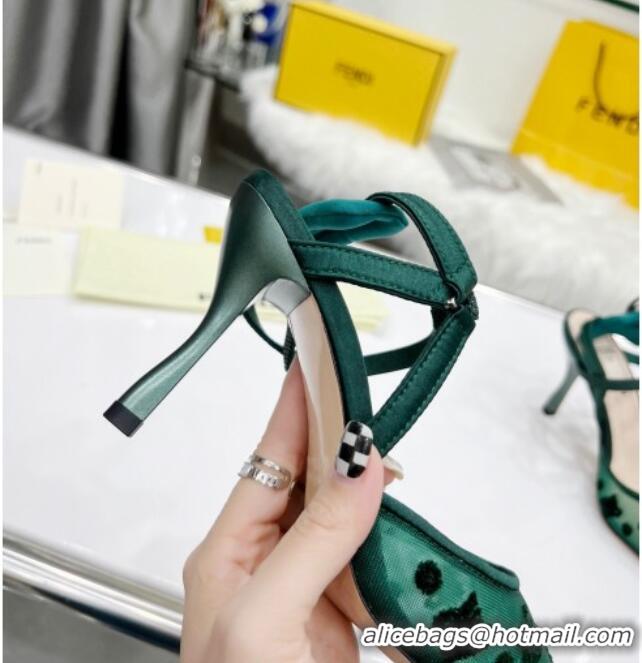 Good Quality Fendi Colibrì Lite High Heel Slingback Pumps 8.5cm in FF Karligraphy Mesh 215110 Green