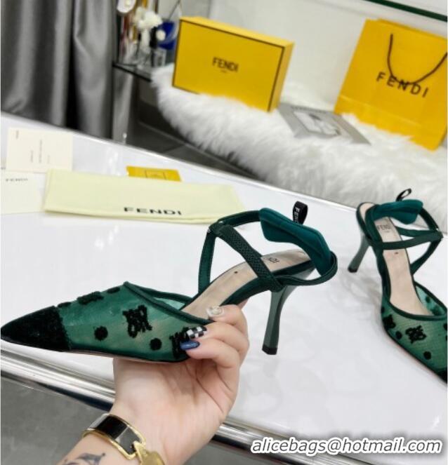 Good Quality Fendi Colibrì Lite High Heel Slingback Pumps 8.5cm in FF Karligraphy Mesh 215110 Green