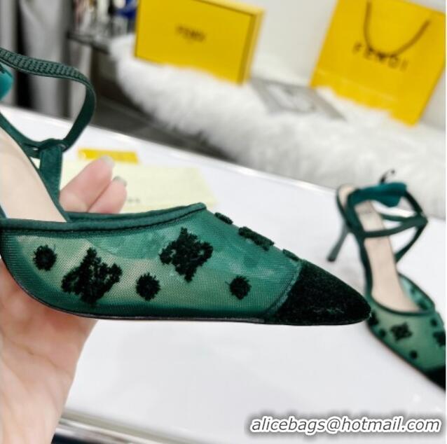 Good Quality Fendi Colibrì Lite High Heel Slingback Pumps 8.5cm in FF Karligraphy Mesh 215110 Green