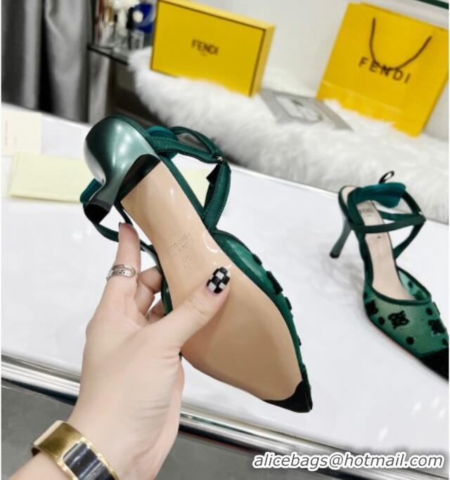 Good Quality Fendi Colibrì Lite High Heel Slingback Pumps 8.5cm in FF Karligraphy Mesh 215110 Green