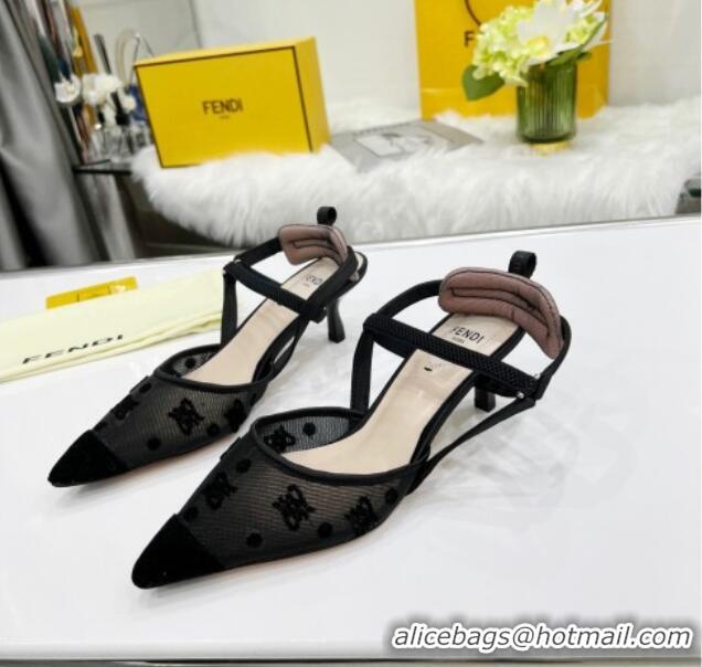 Modern Fendi Colibrì Lite High Heel Slingback Pumps 5.5cm in FF Karligraphy Mesh 215110 Black