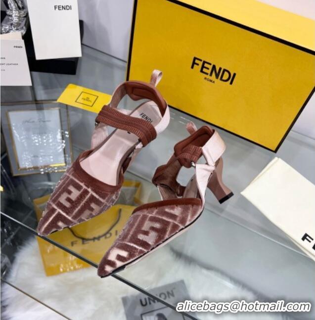 Luxury Fendi Colibrì Medium Heel Slingback Pumps 5.5cm in Velvet FF Mesh 215114 Brown