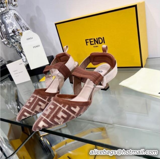 Luxury Fendi Colibrì Medium Heel Slingback Pumps 5.5cm in Velvet FF Mesh 215114 Brown